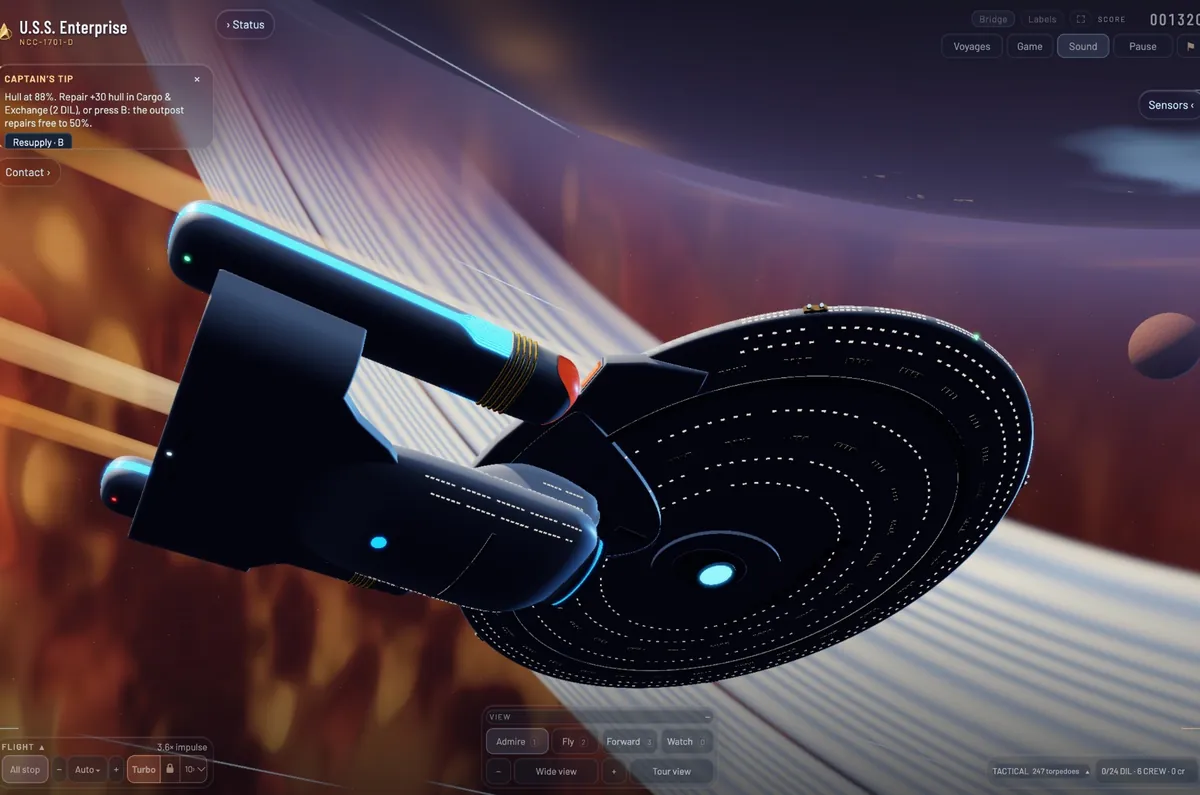 The Enterprise seen from below, nacelles glowing blue, banking past a gas giant's rings against an orange nebula; a captain's tip on hull repairs at the top left.