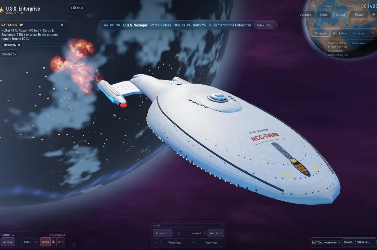 U.S.S. Voyager, NCC-74656, flying beside a planet with one nacelle on fire after a hit, watched from the Enterprise.