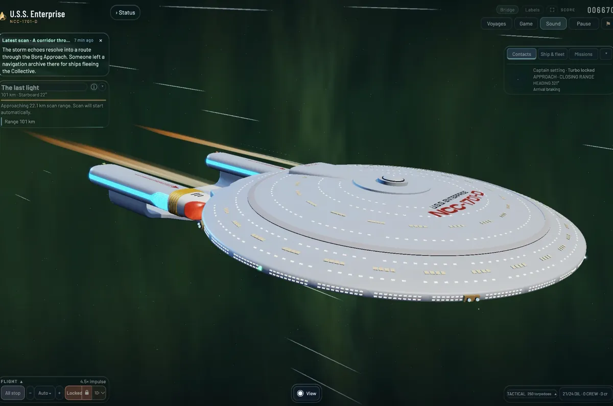 The Enterprise at impulse in a green nebula, U.S.S. Enterprise NCC-1701-D lettered on the saucer, its engines trailing orange light.