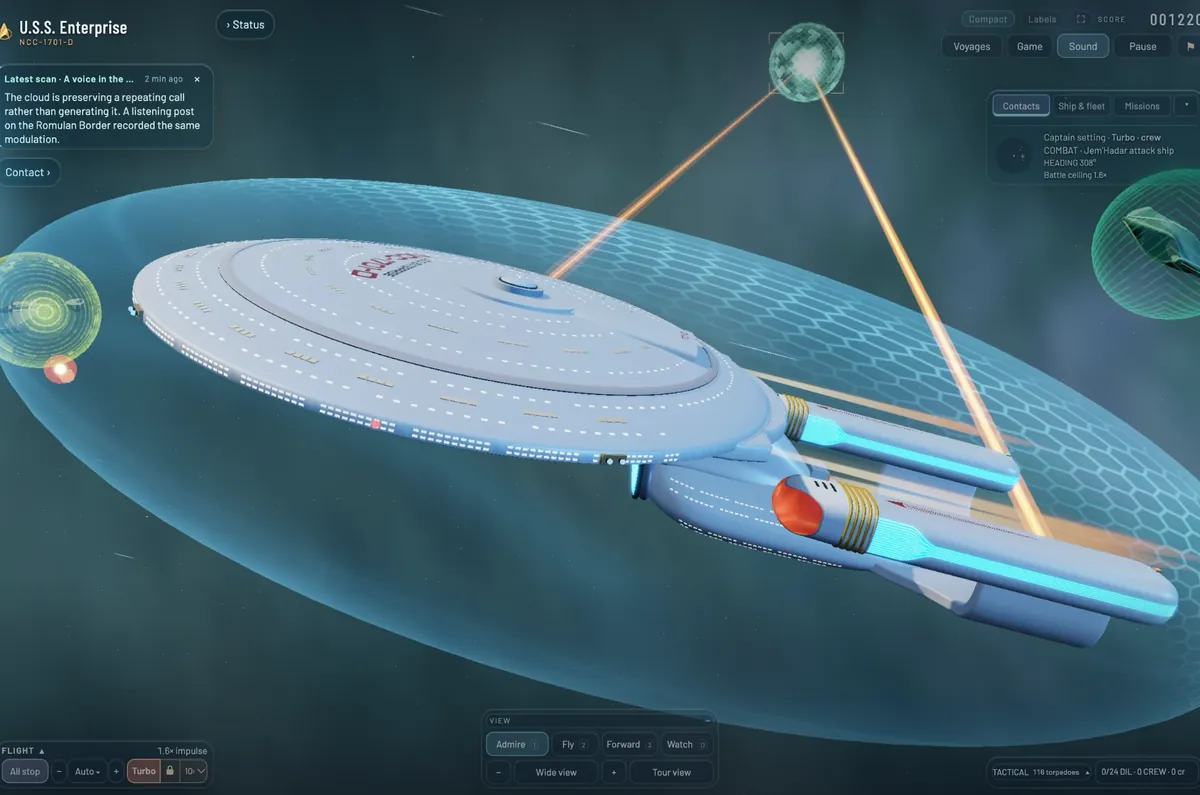 The Enterprise inside its hexagonal shield bubble, two orange phaser beams converging on a target above, a Romulan ship in its own shield at the right.