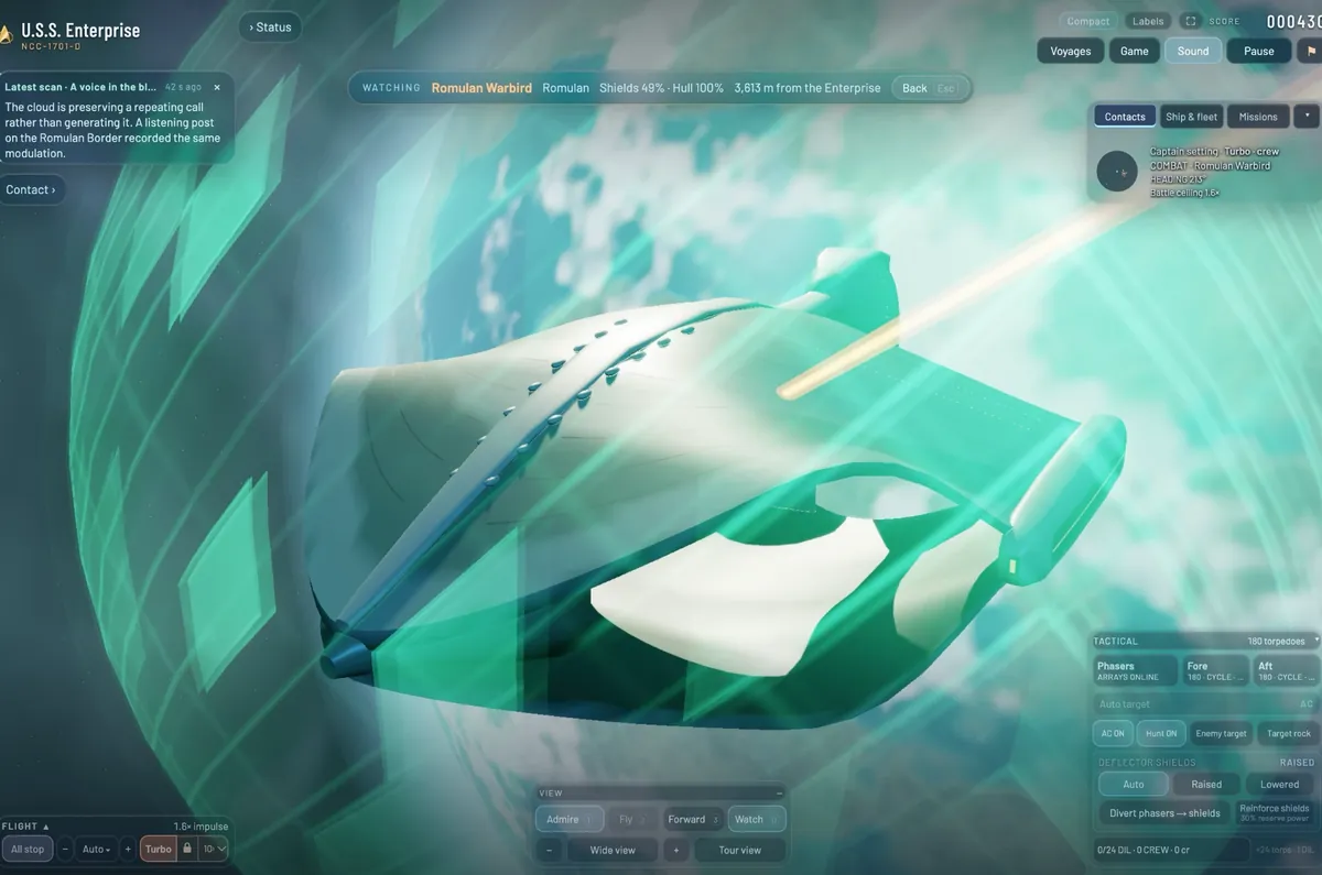 A Romulan Warbird up close through the green shimmer of its shields, a phaser beam glancing off the hull, a planet behind.