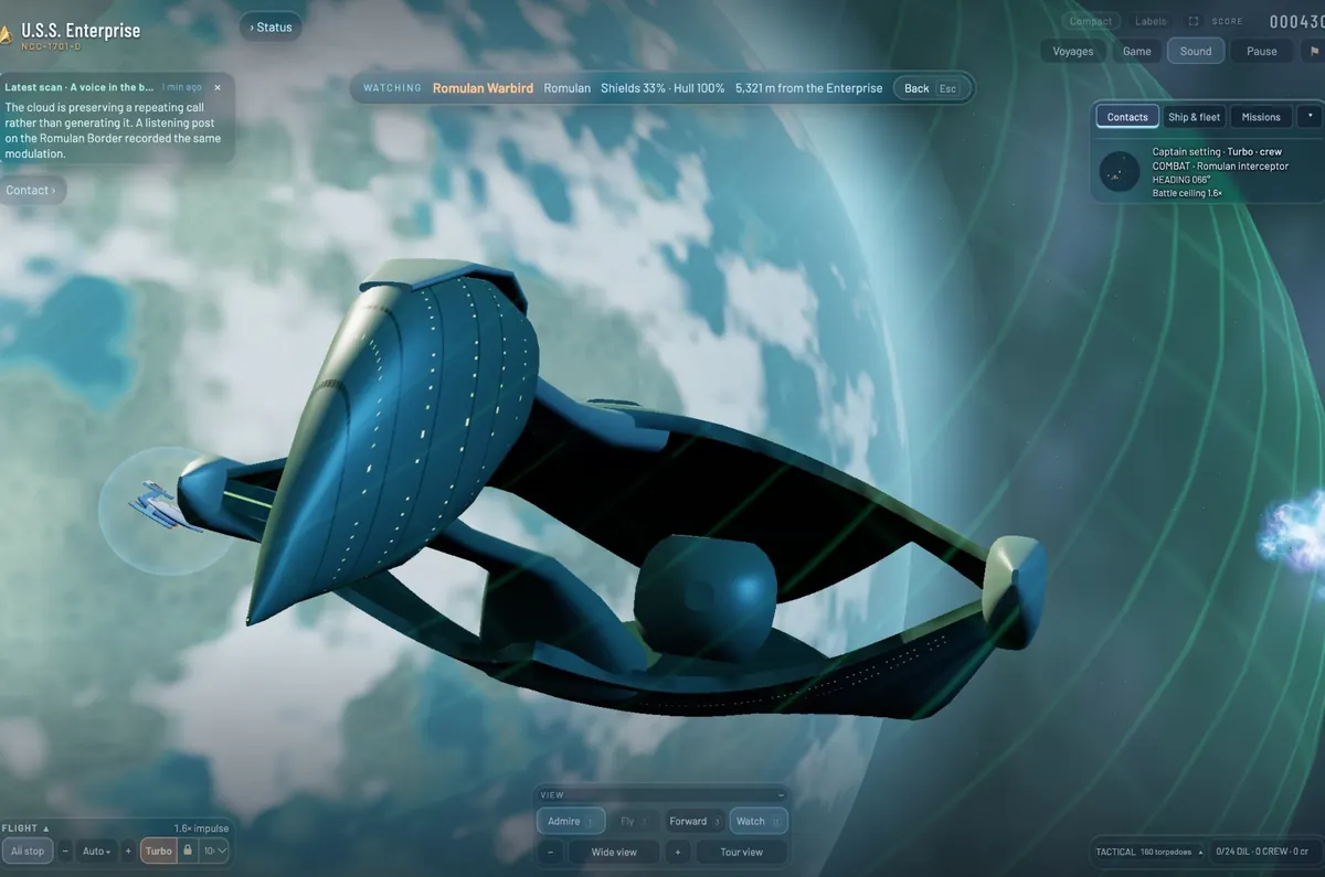 A Romulan Warbird seen from below over a cloudy planet, a small Federation ship in its shield bubble off its wing.