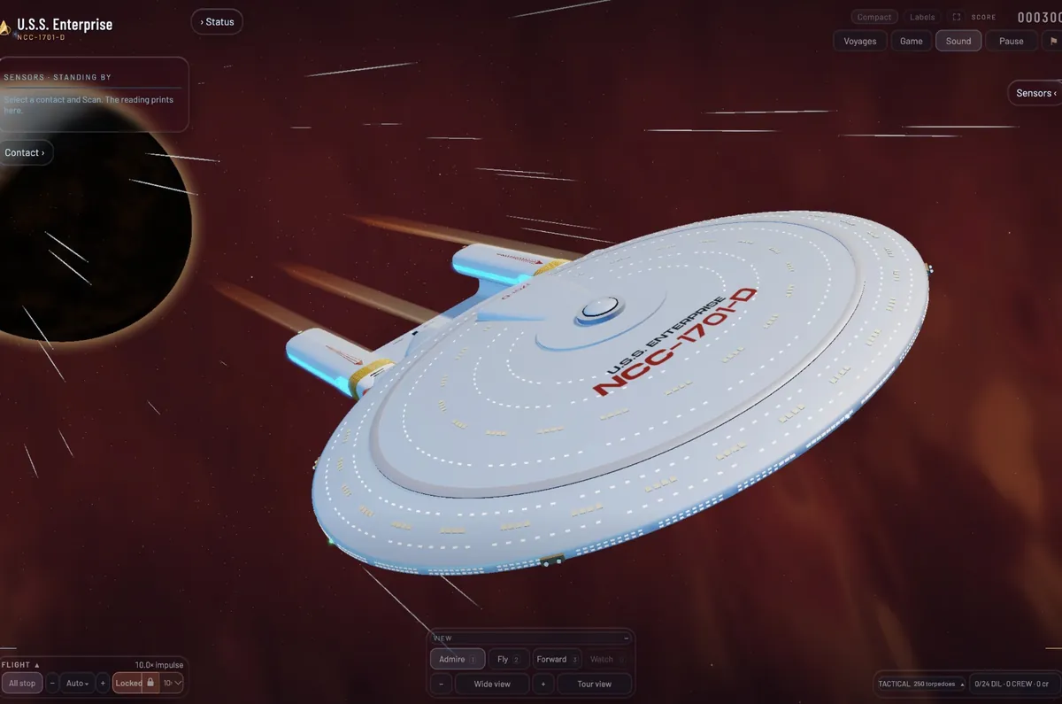 The Enterprise from above at full impulse through a red nebula, U.S.S. Enterprise NCC-1701-D on the saucer, a dark planet behind.