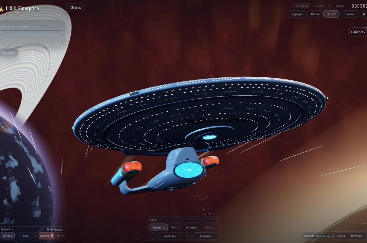 The Enterprise seen head-on from below, deflector dish glowing blue, against a red nebula and a ringed planet.