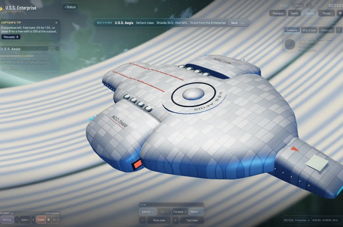 U.S.S. Aegis, NCC-78400, a Defiant-class escort, up close above a ringed planet.