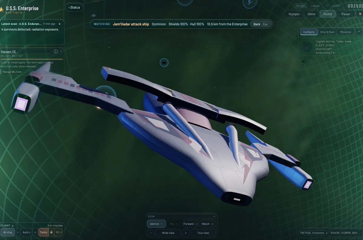 A Jem'Hadar attack ship, watched from the Enterprise, against a green grid of space.