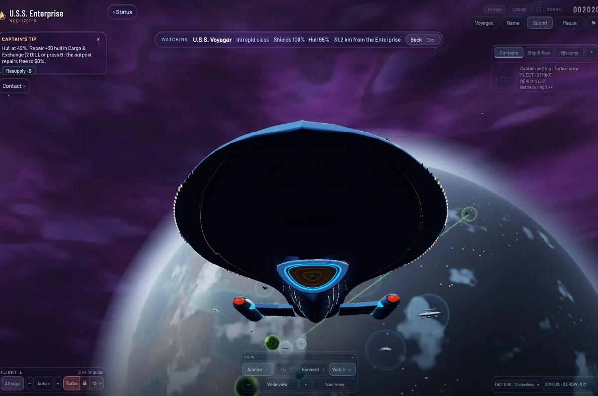 U.S.S. Voyager seen from below over a cloudy planet against a purple nebula, allied ships in their shield bubbles around it.