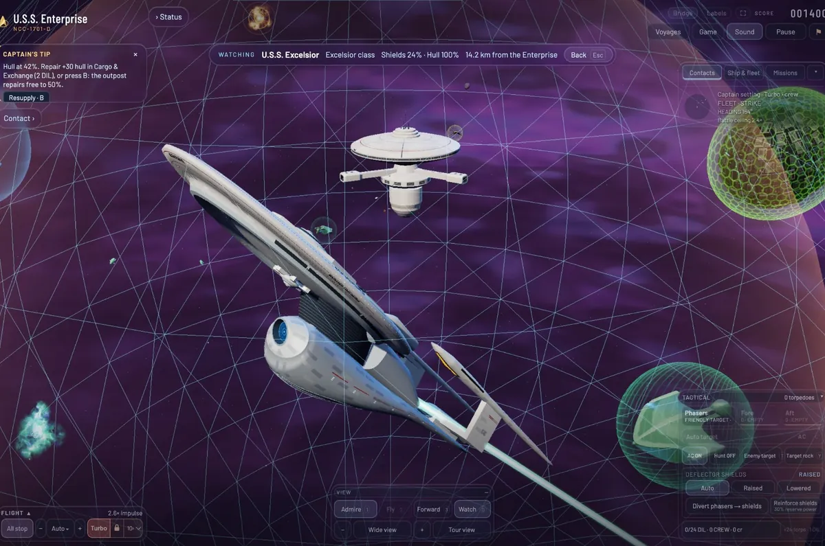 U.S.S. Excelsior climbing past a starbase inside a wireframe sensor grid, a Borg sphere and a Romulan ship at the right.