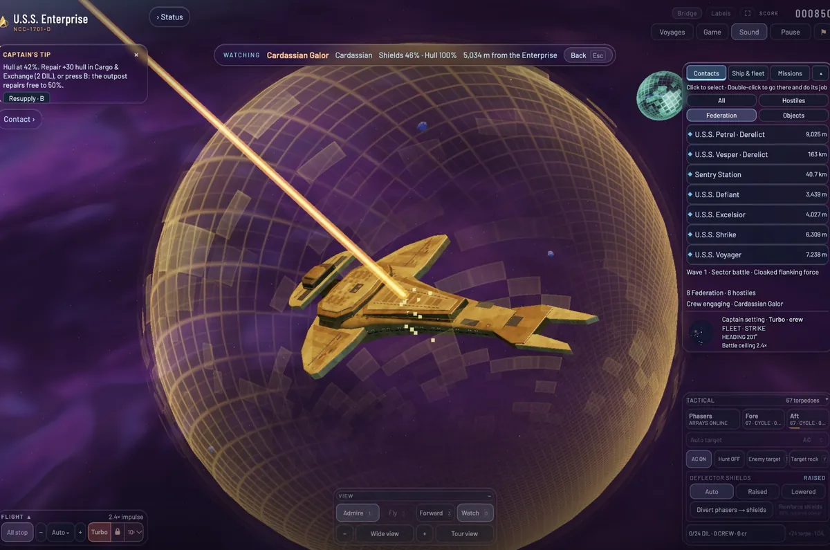 A Cardassian Galor inside its amber shield bubble, hit by a phaser beam, with the contacts list of the fleet battle open at the right.