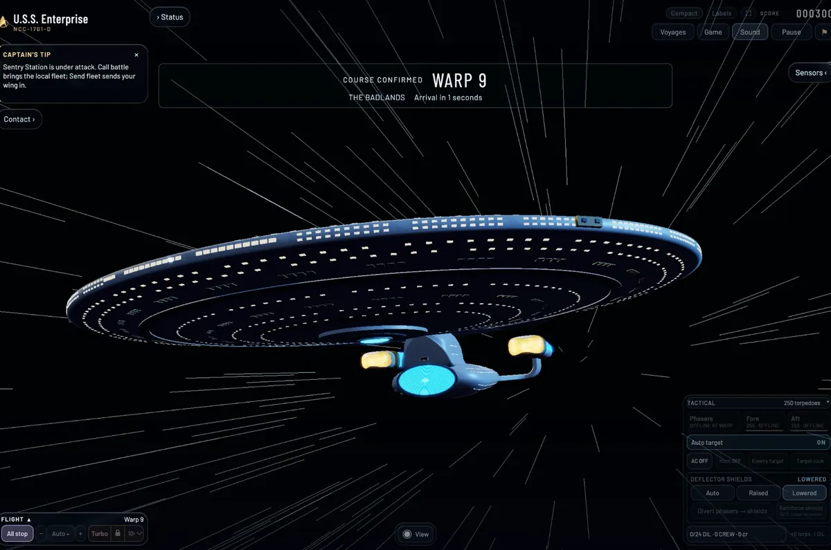 The Enterprise from below at warp 9, deflector dish glowing blue, stars streaking past, course confirmed for the Badlands.