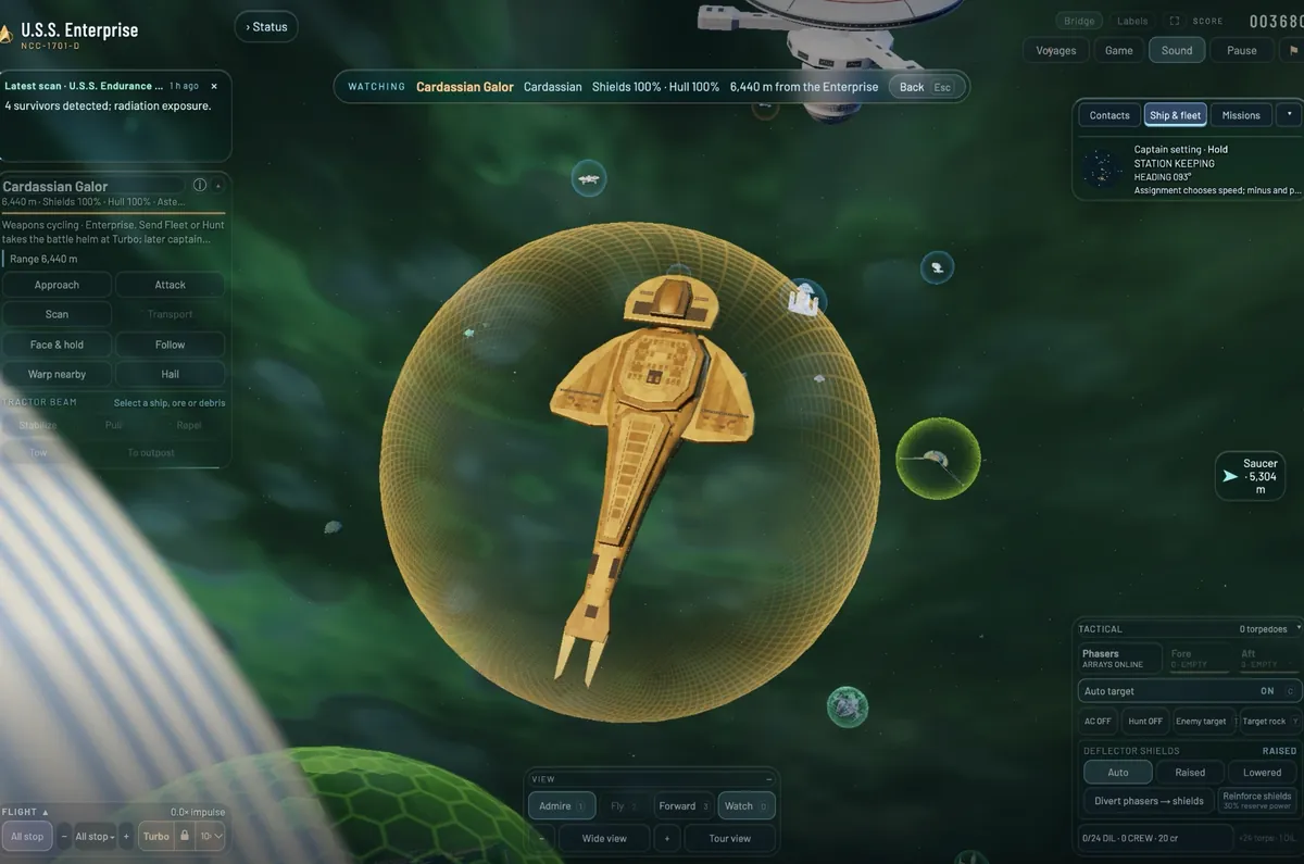 A Cardassian Galor from above inside its amber shield bubble, allied ships in their own shields around it.