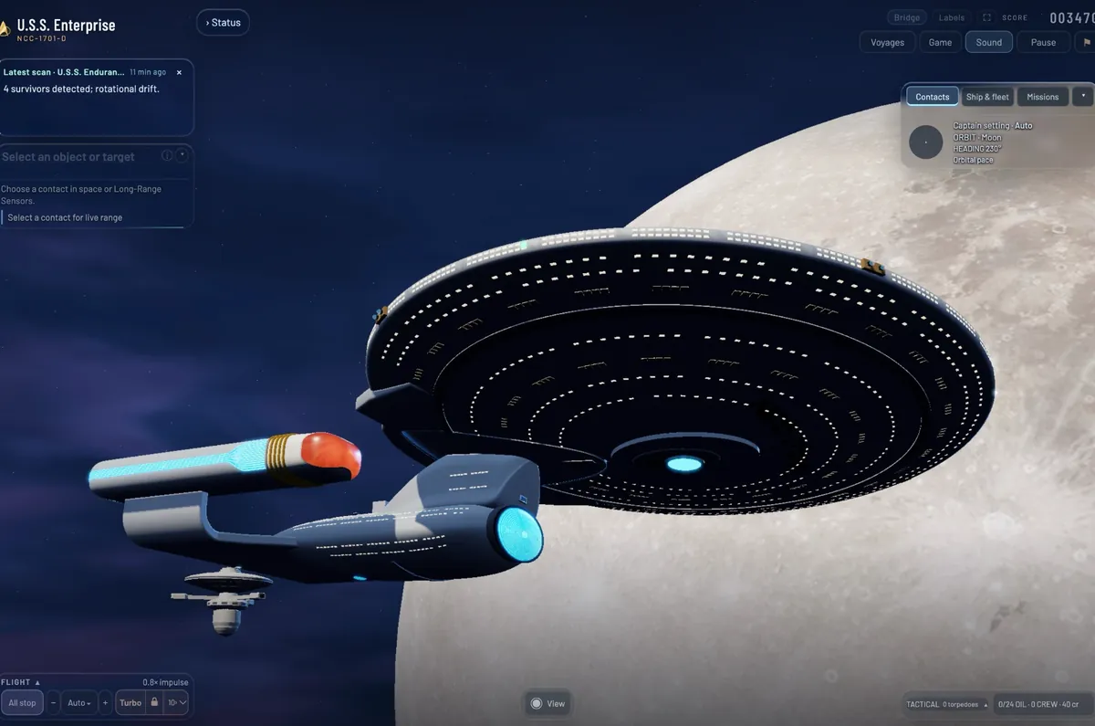 The Enterprise seen from below in orbit around the Moon, the cratered surface behind it and a starbase off its stern.