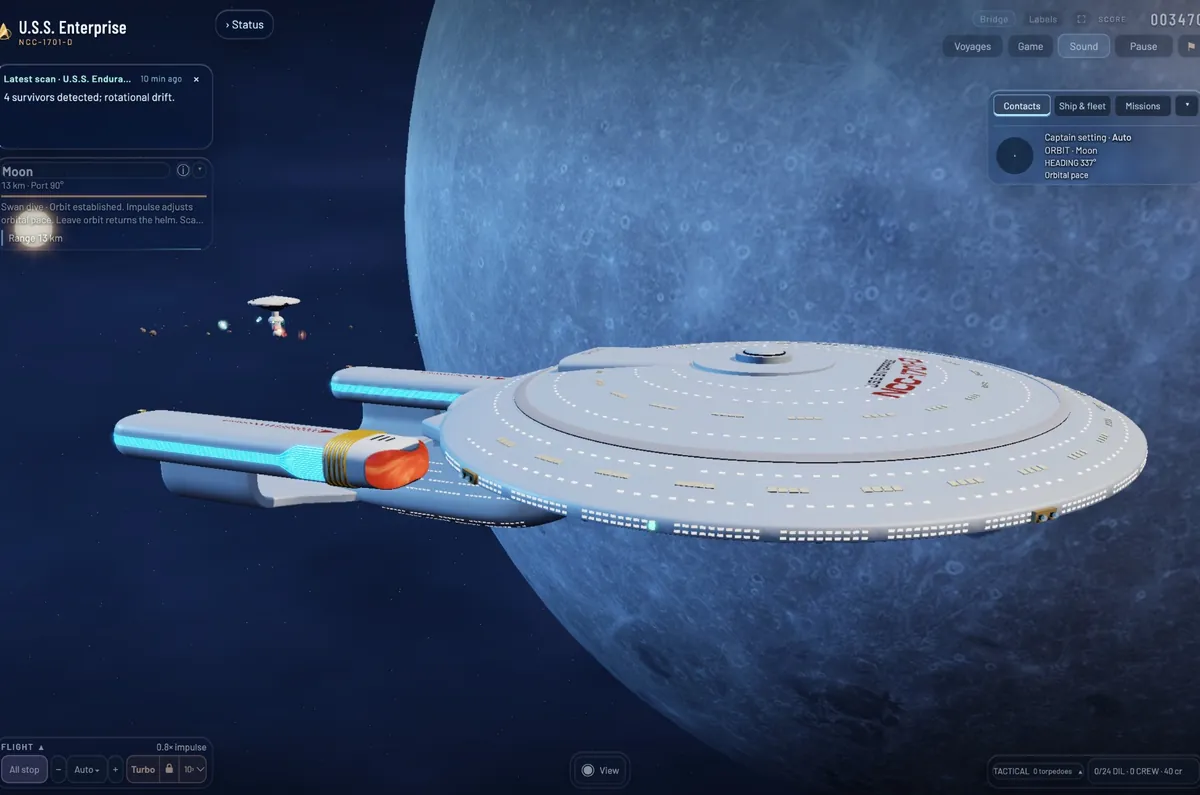 The Enterprise from above in orbit around the Moon, U.S.S. Enterprise NCC-1701-D on the saucer, the cratered surface filling the background.