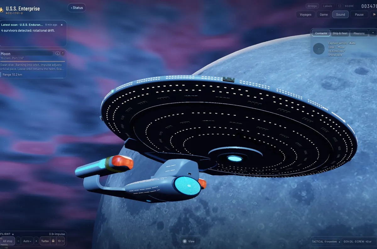The Enterprise seen from below banking into orbit around the Moon, a pink and blue nebula beyond.