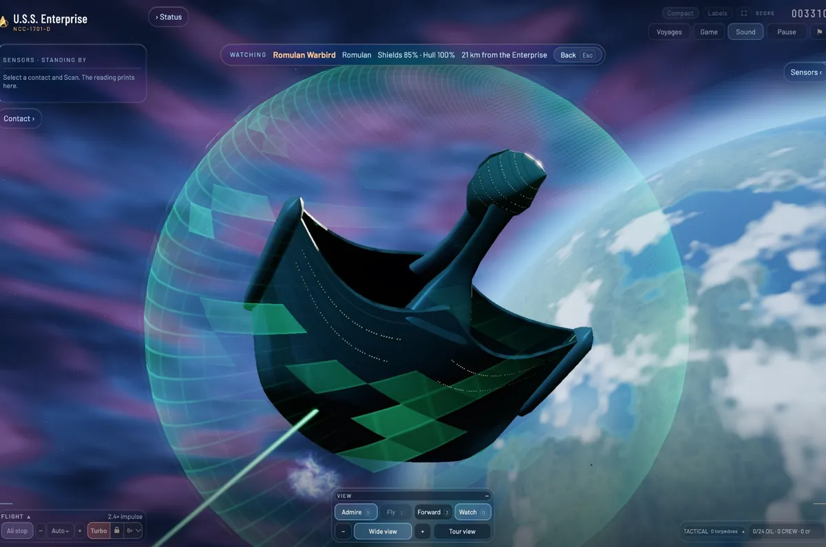 A Romulan Warbird head-on and close, its green hull filling its shimmering shield bubble, a green disruptor beam firing below, a cloudy blue planet behind.