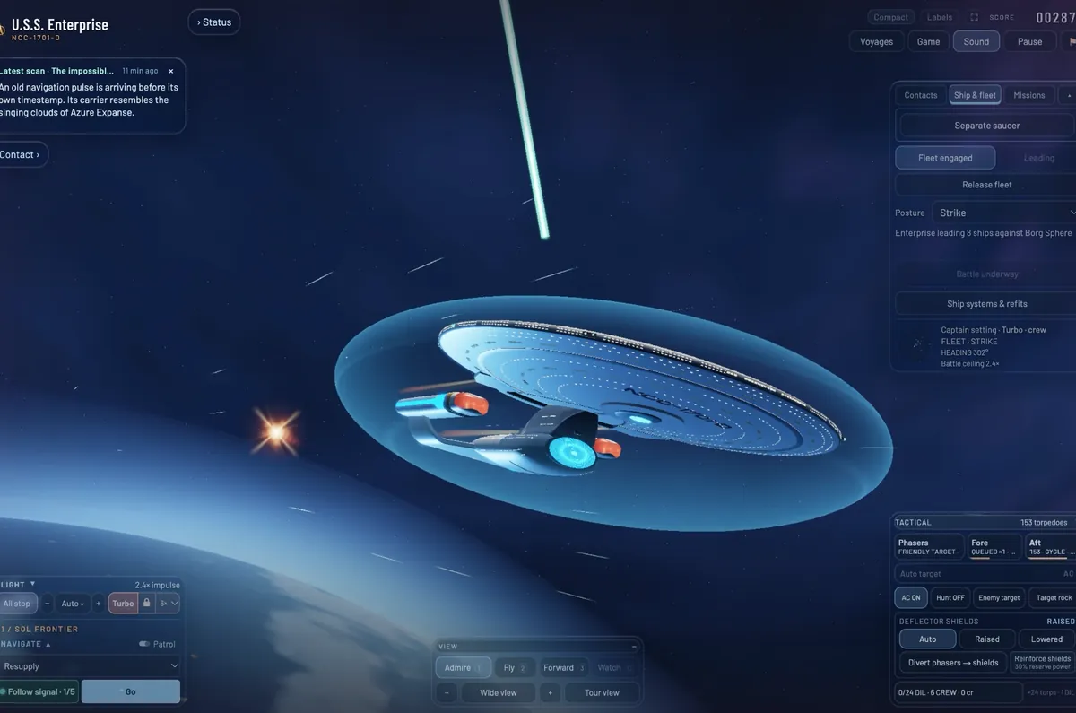 The Enterprise inside its shield bubble above a blue planet, the deflector dish glowing, a bright streak falling from above.