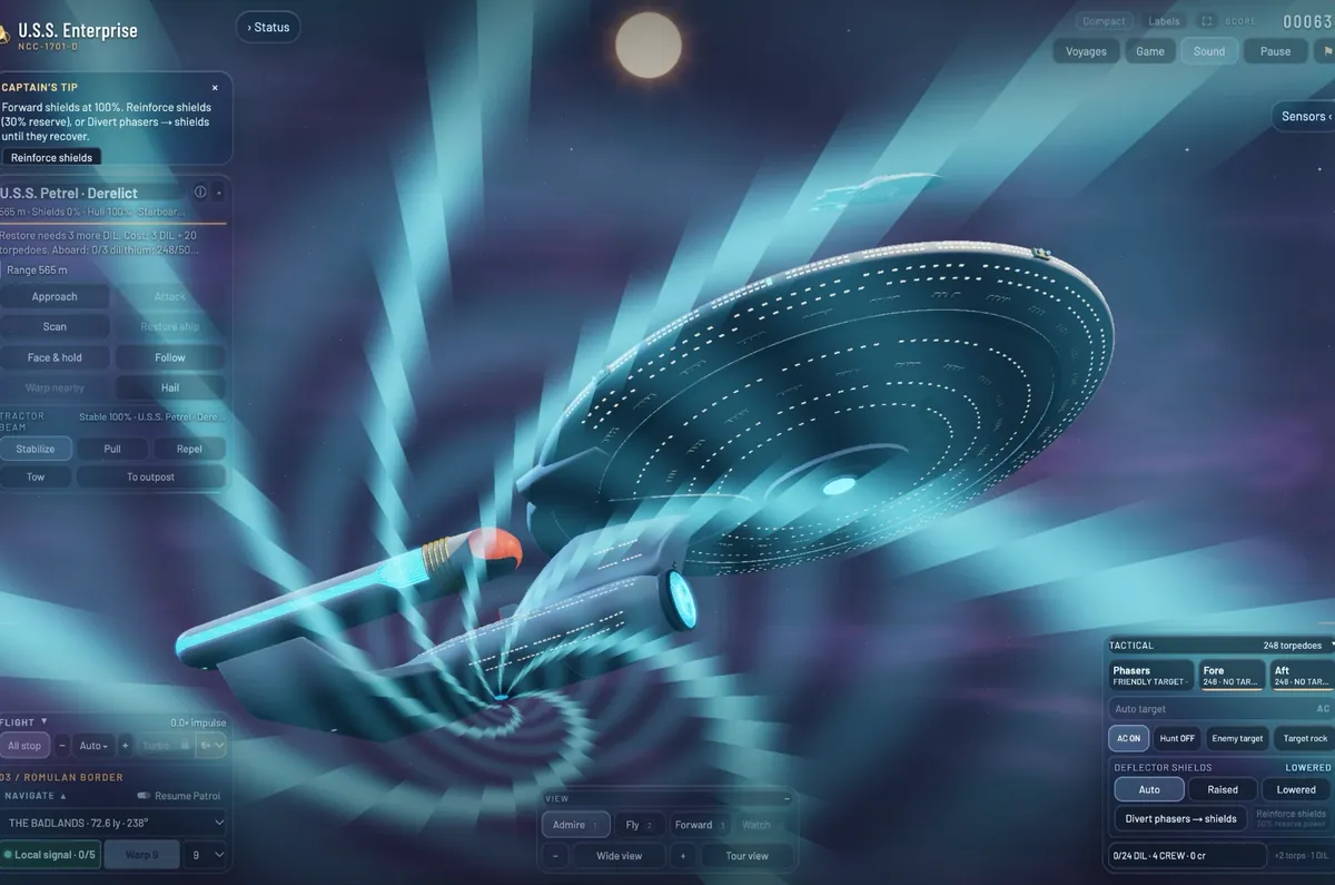 The Enterprise from below, its tractor beam a swirl of blue-white light under the ship, a pale sun and a derelict starship above.