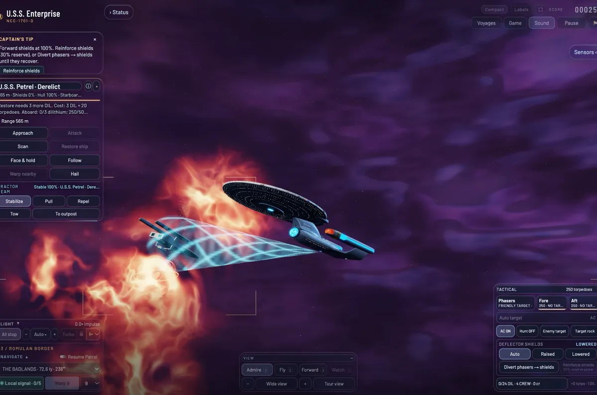 The Enterprise holding a derelict starship in a lattice of tractor-beam light, in a fiery purple nebula.
