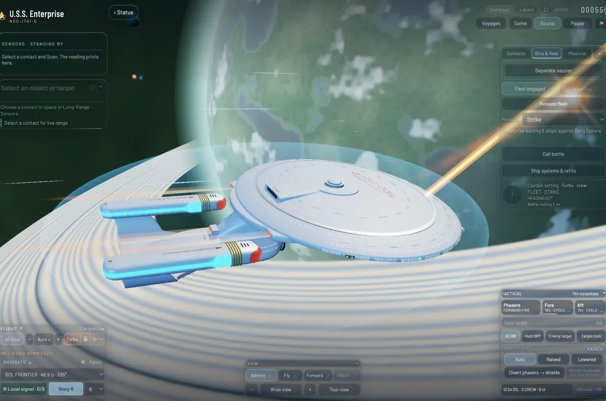 The Enterprise from above inside its shield bubble, skimming a planet's rings, U.S.S. Enterprise NCC-1701-D on the saucer, a phaser beam firing.