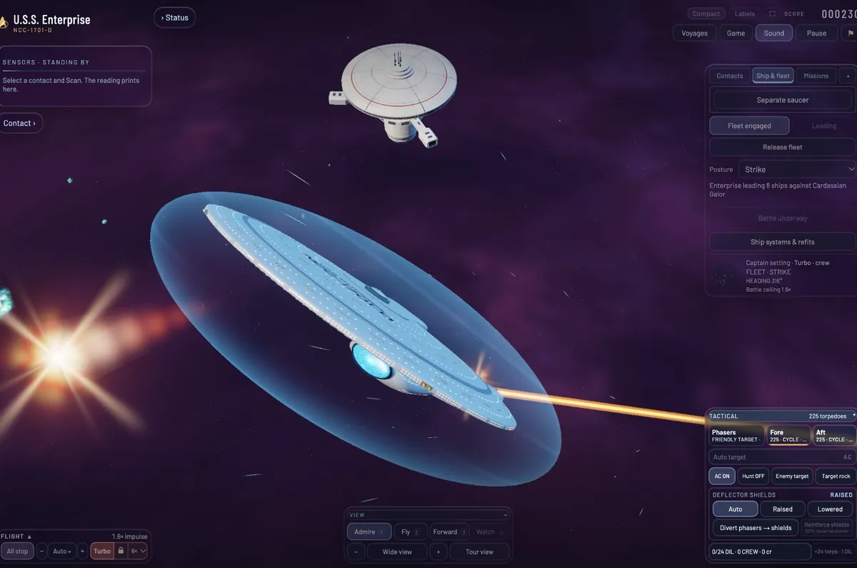 The Enterprise banking edge-on inside its shield bubble, the deflector dish glowing blue, a starbase above and a phaser beam firing.