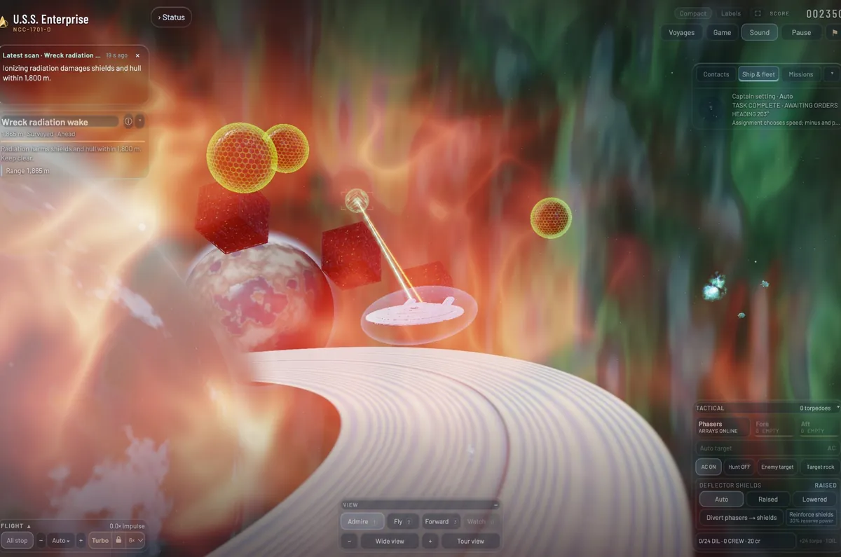 Borg cubes and spheres in a fiery radiation wake above a ringed planet, a phaser beam reaching the Enterprise below.