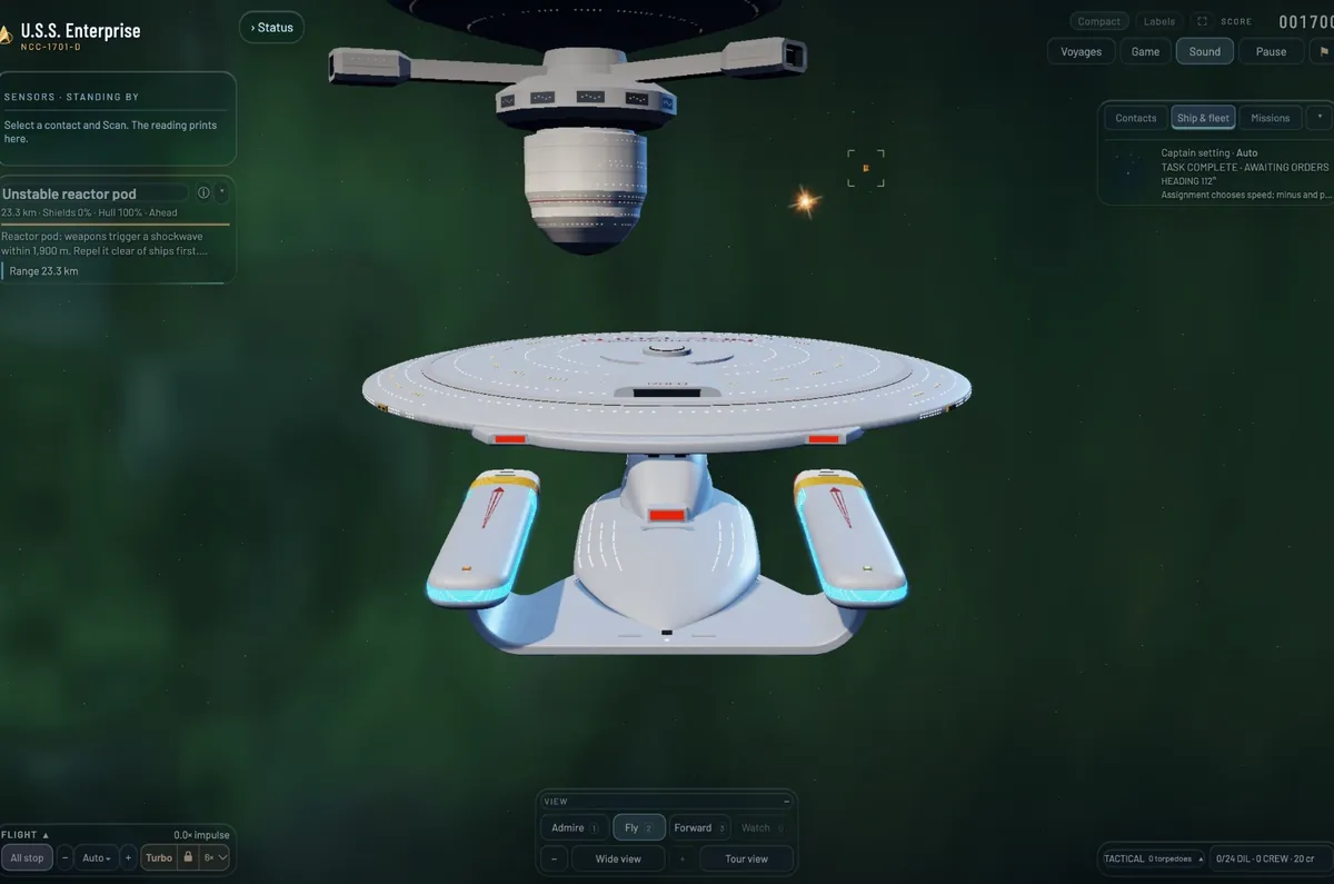 The Enterprise from straight behind, nacelles glowing blue, beneath the underside of a starbase in a green nebula.