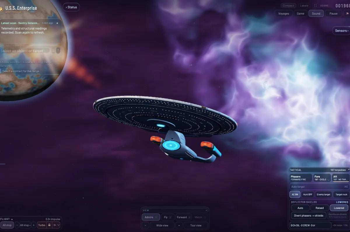 The Enterprise from below, the deflector dish glowing blue, beside a planet in a purple and blue nebula.