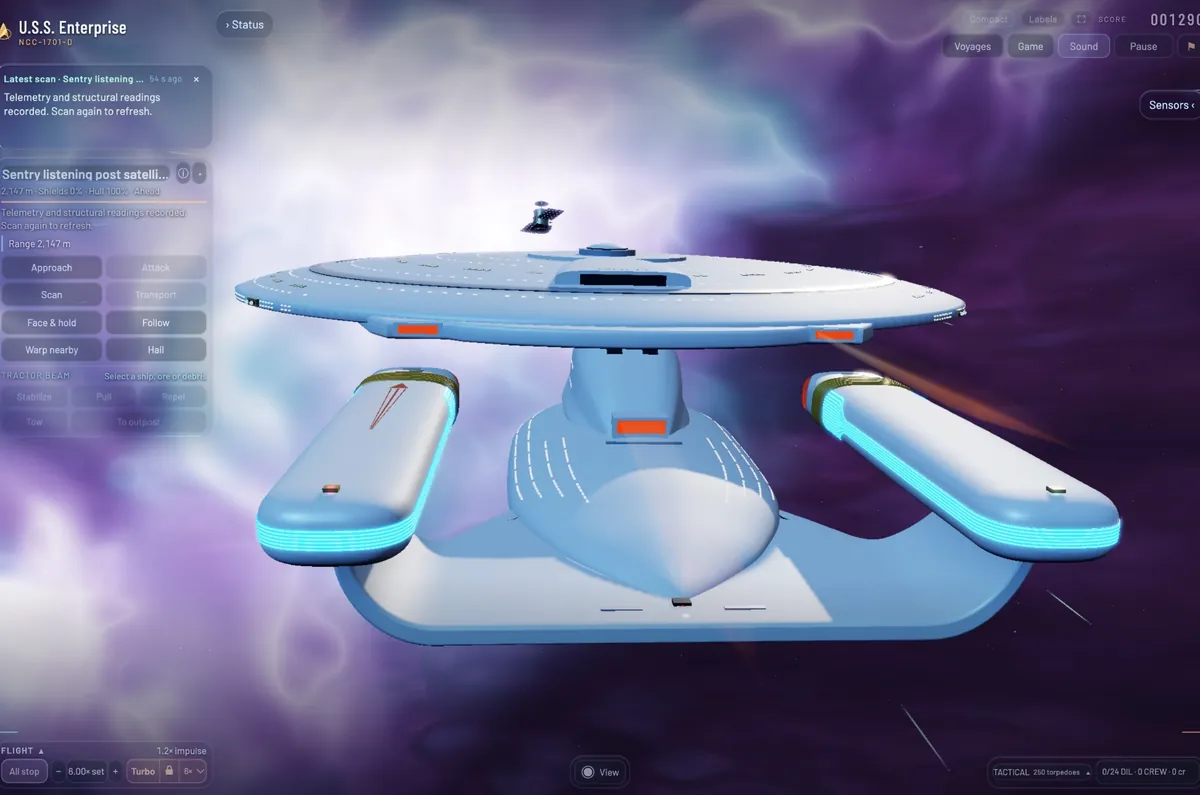 The Enterprise from directly behind, close up, its nacelles glowing blue, a sentry satellite above the saucer in a purple nebula.