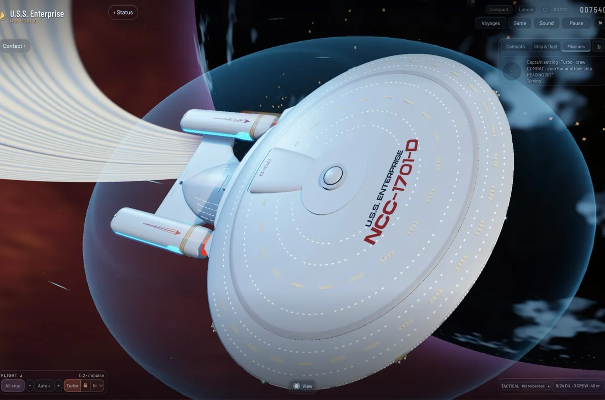 The saucer up close, U.S.S. Enterprise NCC-1701-D, turning in combat with a Jem'Hadar attack ship in front of a ringed planet.