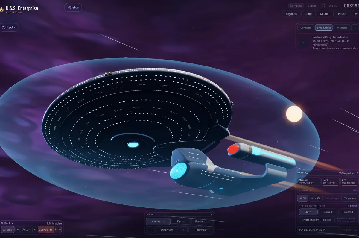 The ship seen from below against a purple nebula, shields raised, the tactical panel open.