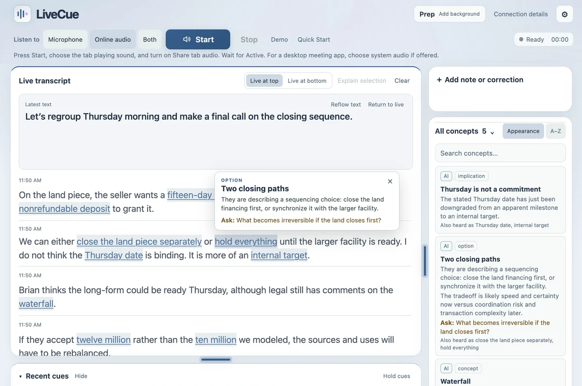 LiveCue during its demo: a live transcript of a financing discussion with terms underlined, a pop-up explaining two closing paths with a question to ask, and a concepts panel on the right.