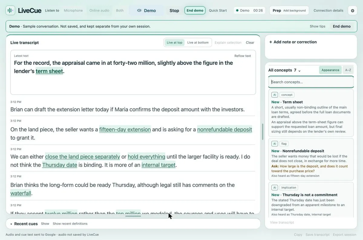 LiveCue during its demo: a live transcript of a financing discussion with terms highlighted, and explanations of a term sheet, a nonrefundable deposit and a non-binding date in the side panel.